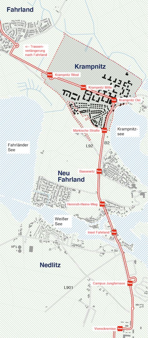 Plan der neuen Straßenbahnverbindung zwischen Potsdam und dem neuen Stadtteil Krampnitz